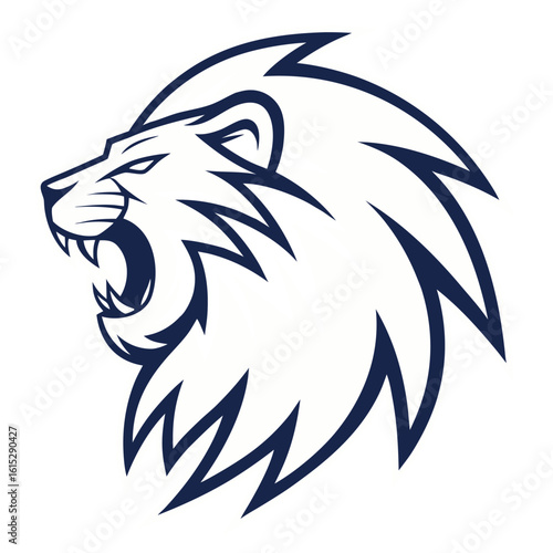 Lion with flowing mane showcases its teeth in dark blue and white design