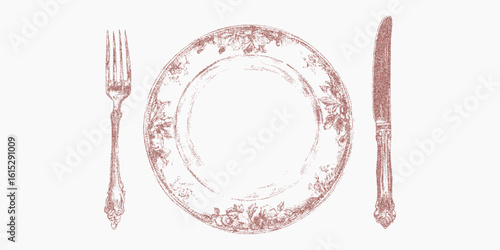 Plate with a fork and knife. Monochrome stipple sketch with halftone dots, photocopy grain and bold threshold lines.