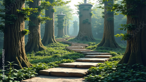 Winding stone path through vertical forest towers