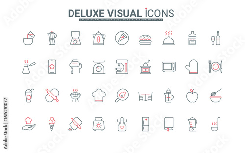 Kitchen thin black and red line icons set vector illustration. Outline symbols of electrical appliances and chefs tools to fry, mix and cook, prepare food and drink, kitchenware and recipe book