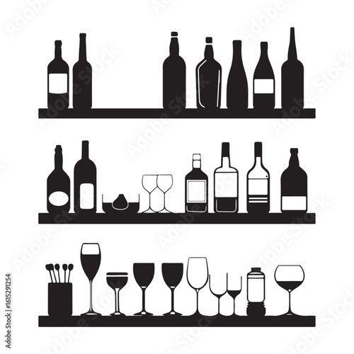 Bar Shelf Silhouette with Bottles and Glassware, Bar Shelf vector illustration, Black and white silhouette of a bar scene with guests, Silhouette of bar shelves with glass bottles on white background