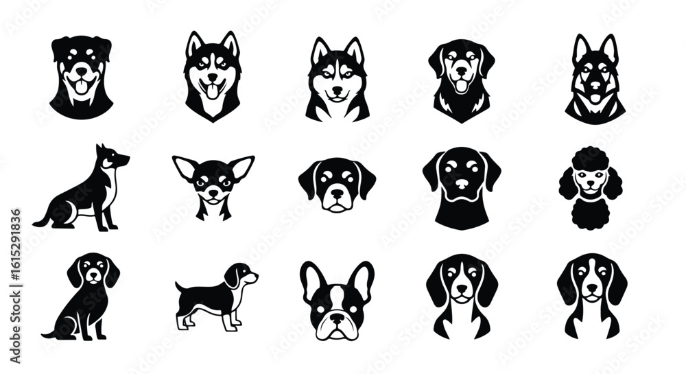 Fototapeta premium Vector silhouette illustration a charming collection of black dog face illustrations arranged vertically on a white background
