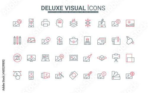 Photo content creation and editing, AI generation of images, gallery of pictures line icon set. AI filters, series of photographs in album thin black and red outline symbols vector illustration