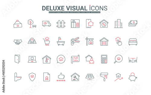 Real estate, office and home apartment, garage property line icons set. Purchase and rental, search of commercial and residential area and buildings, thin black and red symbols vector illustration