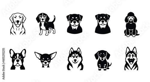 Vector silhouette illustration a striking pattern of black dog head illustrations, including husky and rottweiler, on white