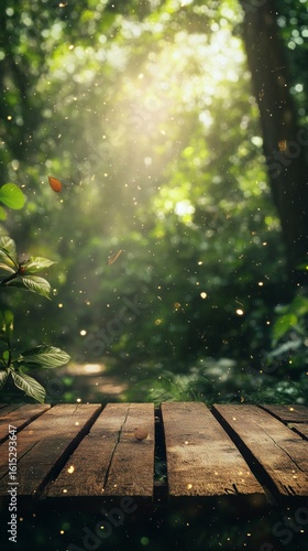 Wooden Deck in Forest with Sunlight and Floating Particles