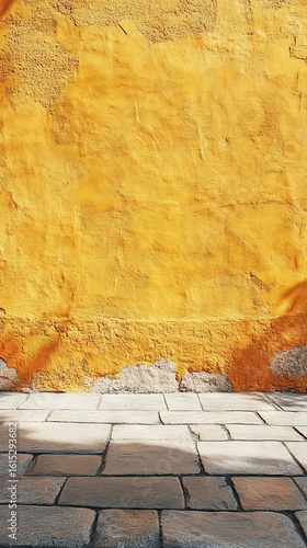 Yellow Wall and Stone Pavement Background Texture