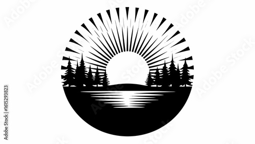 Silhouette scene of trees by water with sun rays in a circle, black and white nature landscape design art