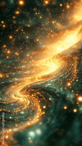 Swirling Galaxy of Golden Light and Dark Mist Abstract