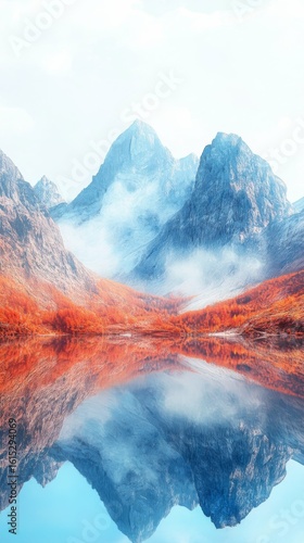 Mountains Reflecting in Lake Scenic Autumn Landscape