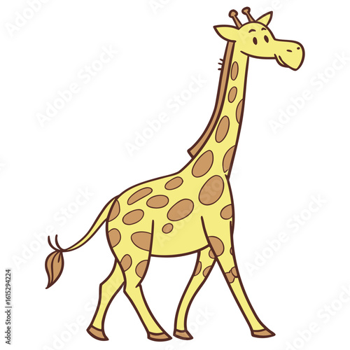 Cute, long-necked baby giraffe cartoon, isolated on white, with a funny, wild safari nature illustration