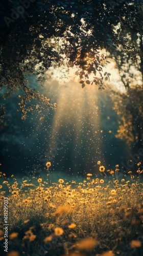 Sun Rays Shining Through Trees on Meadow with Flowers