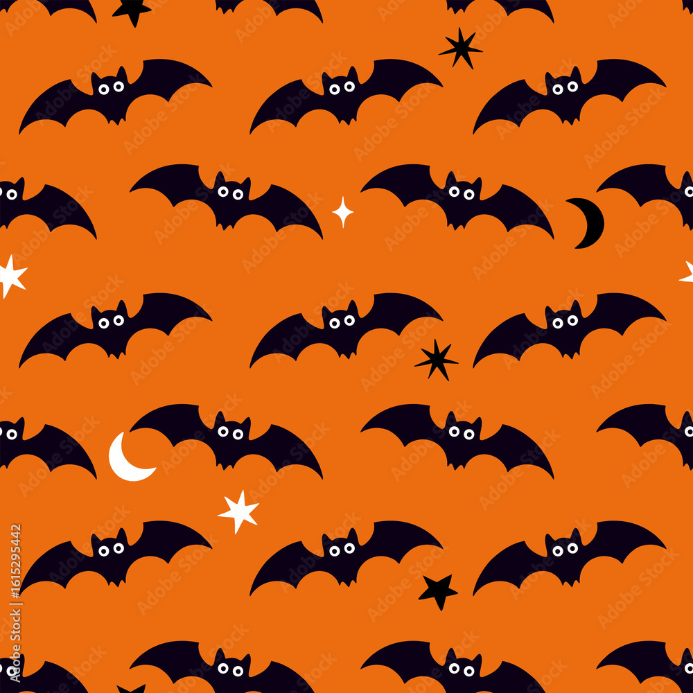 Naklejka premium Seamless pattern with bats on an orange background for spooky festive design.
