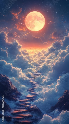 Path Ascending Through Clouds to Moonlit Horizon at Sunset