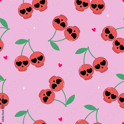 Seamless pattern of cherries skulls on a pink background.