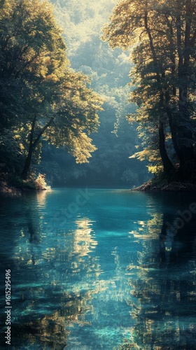 Tranquil Lake Reflecting Forest Trees in Sunlight