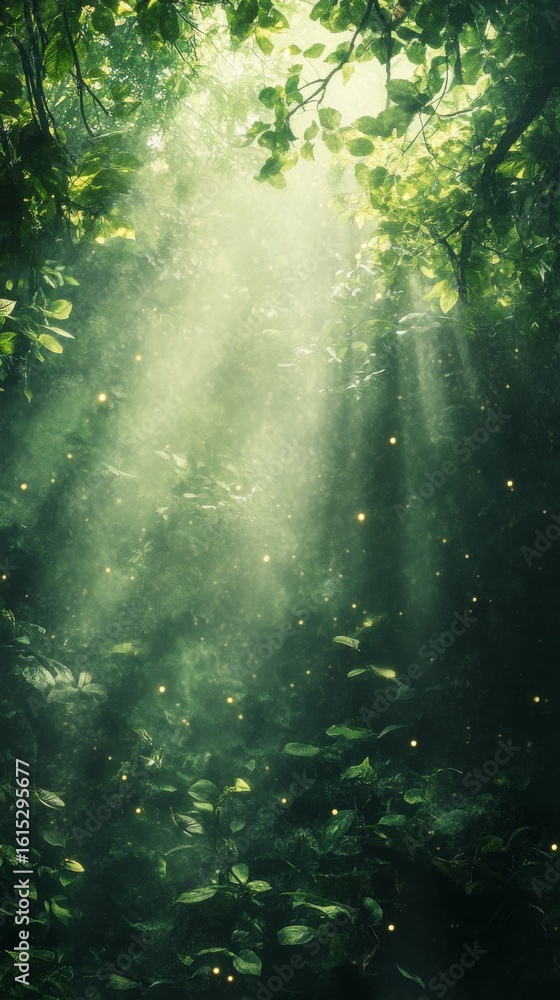 Fototapeta premium Sunlight Streaming Through Lush Forest Canopy with Green Leaves