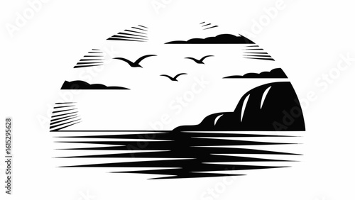 Illustration of a seascape with birds flying over the water and mountains in the background scenery view