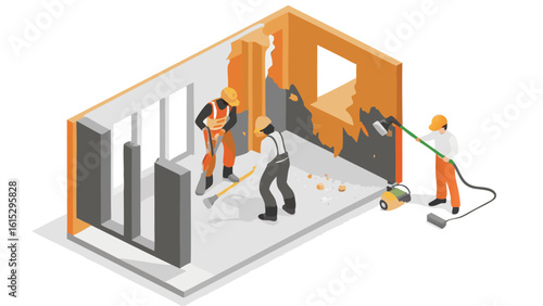 Isometric view of interior demolition with three workers removing wall materials carefully and safely