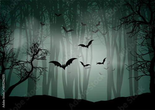 halloween background with foggy forest and bats 0309