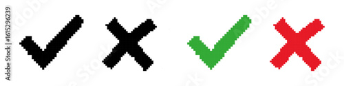 Set of check mark and cross pixel art. Checklist signs or approval badge.