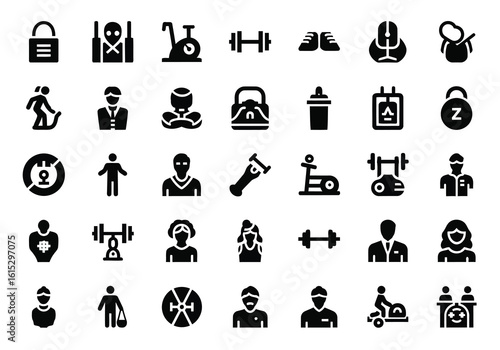 Vector art of a comprehensive set of fitness and gym icons representing various exercises and equipment for a healthy lifestyle