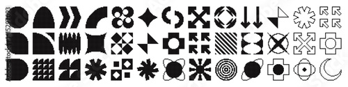 Abstract geometric pixel forms. Brutalist shapes, trendy Y2K signs. Pixel art.
