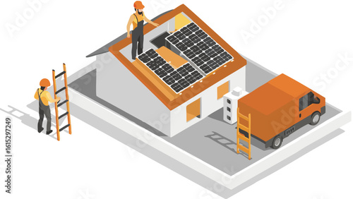 Isometric view of workers installing solar panels on a house with a van and ladder present on site