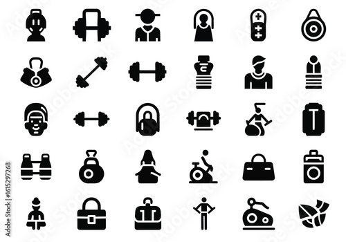 Vector art of a collection of fitness and exercise icons representing gym equipment and workout activities in black and white