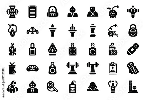 Vector art of a collection of fitness and exercise equipment icons representing a healthy lifestyle and gym activities
