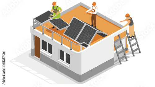 Isometric view of workers installing solar panels on a building roof for renewable energy project