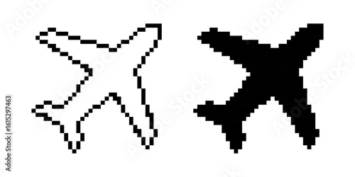 Set airplane pixel icon. Aircrafts pixel art. Flight transport symbol.