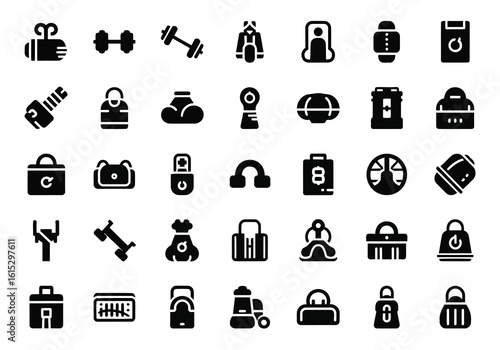 Vector art of a collection of fitness and travel related icons representing gym equipment and travel bags