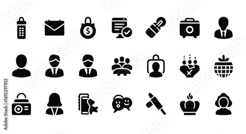 Vector art of a diverse collection of business and communication icons representing various professional activities and interactions