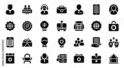 Vector art of a comprehensive set of business and office icons representing various professional concepts