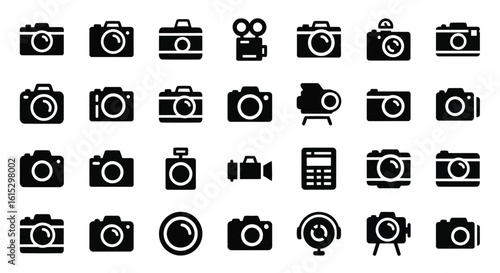 Vector art of collection of various camera icons representing different types of photographic equipment