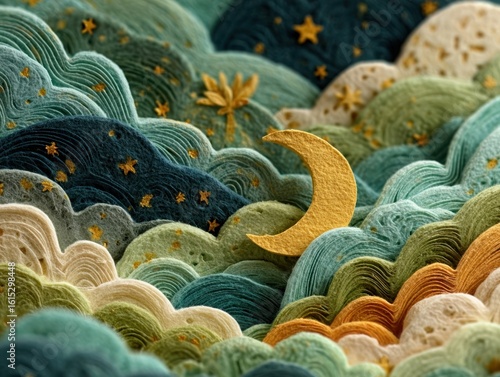 Layered paper art with crescent and star motifs in pastel green and ivory tones.