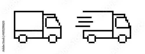 Delivery car pixel icons set. Express delivery, fast shipping, free delivery, logistic trucking. Pixel art.