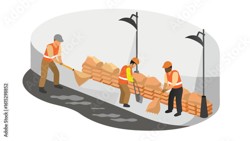 Workers filling sandbags on street with broom and shovel near streetlights for flood control effort