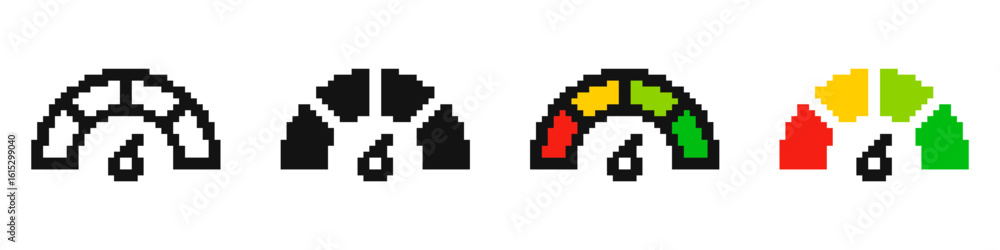 Speedometer pixel icons set. Speed indicator, Internet or car speed. Pixel art. Speedometer pixel icons set. Speed indicator, Internet or car speed. Pixel art.
