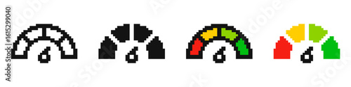 Speedometer pixel icons set. Speed indicator, Internet or car speed. Pixel art.