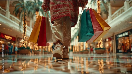 Close-up of a person in casual clothing walking through a brightly lit shopping mall, holding multiple colorful shopping bags in each hand