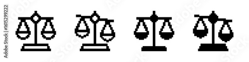 Scale pixel icons set. Scales of justice, vintage scale in balance and equilibrium, libra. Pixel art.