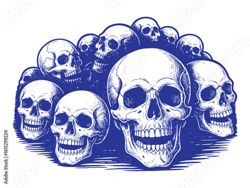 A dense cluster of numerous human skulls, rendered in a stark blue and white illustration, conveying a sense of macabre gathering.