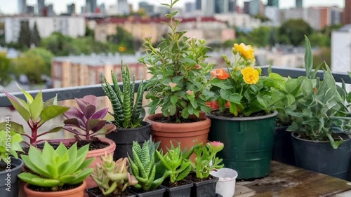 Urban Balcony Gardening A Hand Watering Succulents and Flowers with City Skyline View