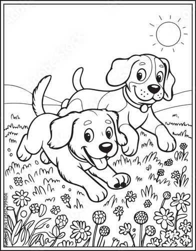 Two cheerful dog playing together black vector outline illustration for children coloring page or book design 