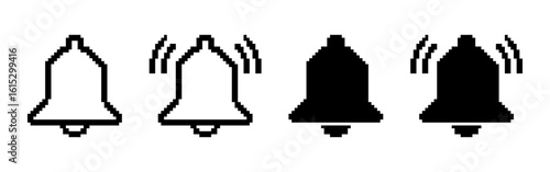 Notification bell pixel icons set. Alarm symbol, incoming inbox message, ringing bells, alarm clock. Pixel art.