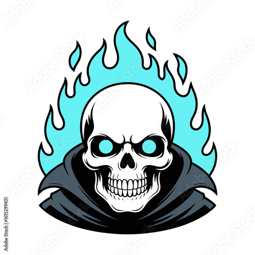 Skull with Blue Flames and Hooded Cloak Illustration