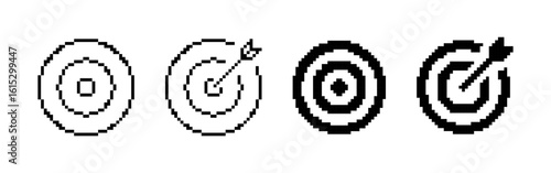 Target pixel icons set. Goal, Archery target with arrow, darts. Pixel art.