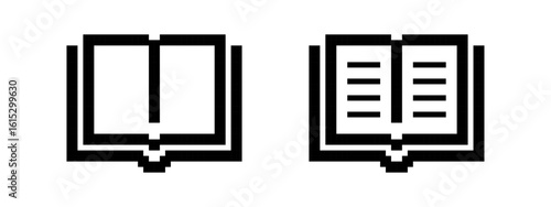 Open book pixel icons set. Knowledge and library, study, literature or science. Pixel art.